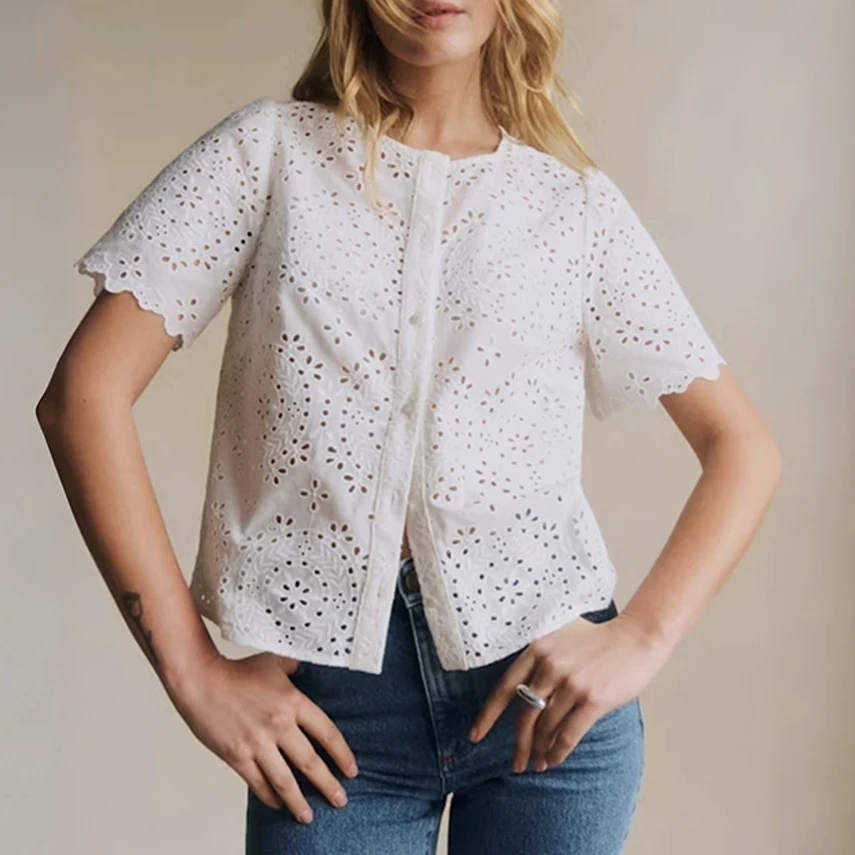 

Ele Hollow out Embroidery round Ne Top Women's Fre Sle Cotton irt Comfortable Breathable Spring Summer Faion