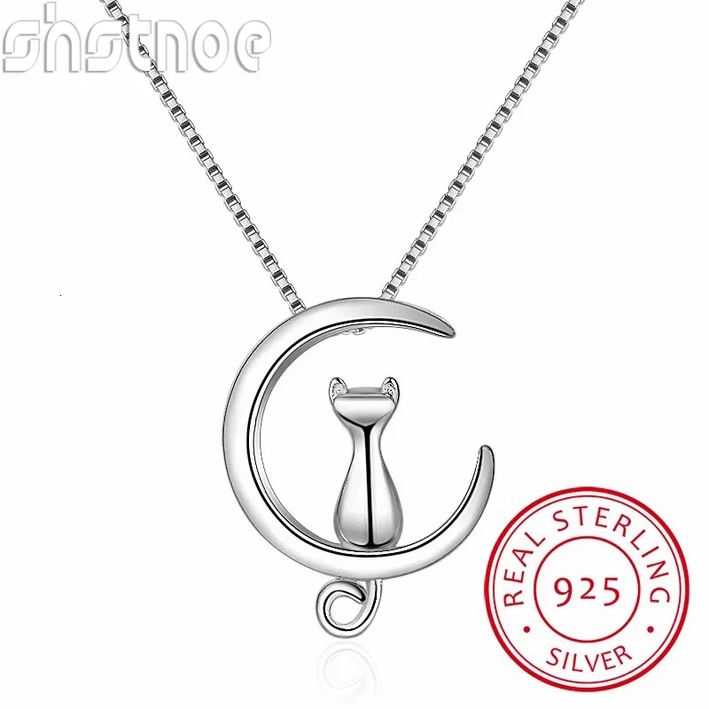 

SHSTONE 925 Sterling Silver Necklace For Women Moon Kitten Cat Pendants Necklaces Party Birthday Fashion Charm Jewelry Kolye