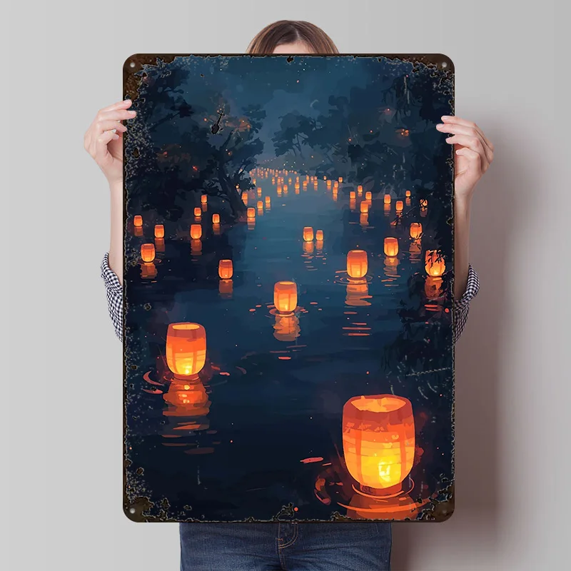 Schwimmende Laternen auf einem dunklen Fluss Poster Individualisierte Vintage Metallschilder Wandkunst Retro Blechschild für Heimdekoration Männerhöhle