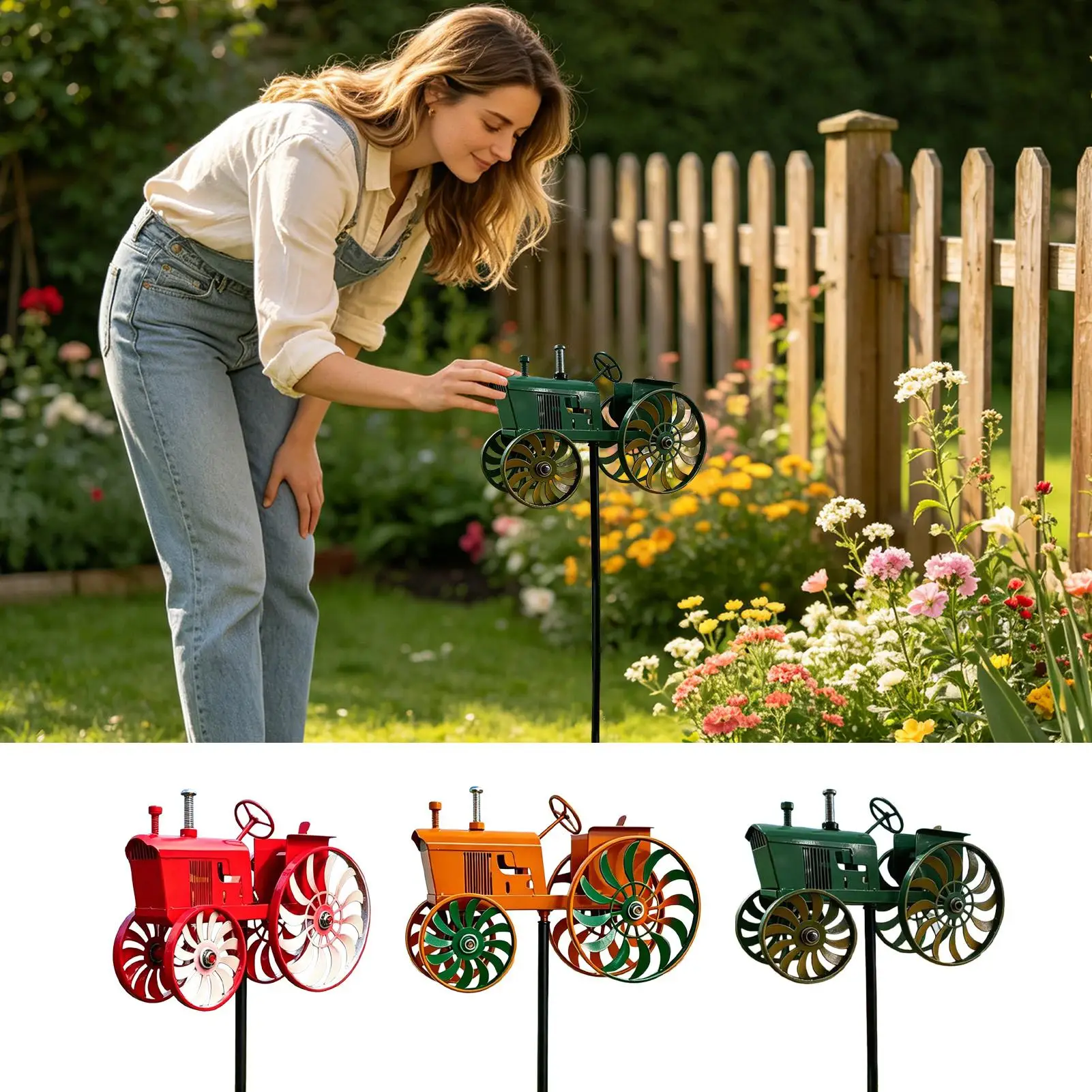 Retro Tractor Windmill for Yard 68cm Metal Garden Rotating Windmill Garden Ground Decoration Metal Wind Spinners for Garden Deco