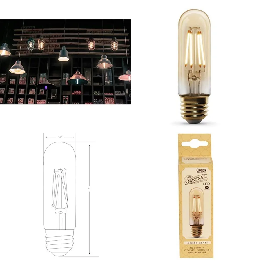 

Vintage Exposed Filament Amber Glass LED T10 with E26 Base Light Bulb, 40W Equiv, 300 Lumen, 2100K Soft White, Dimmable, 15, 00