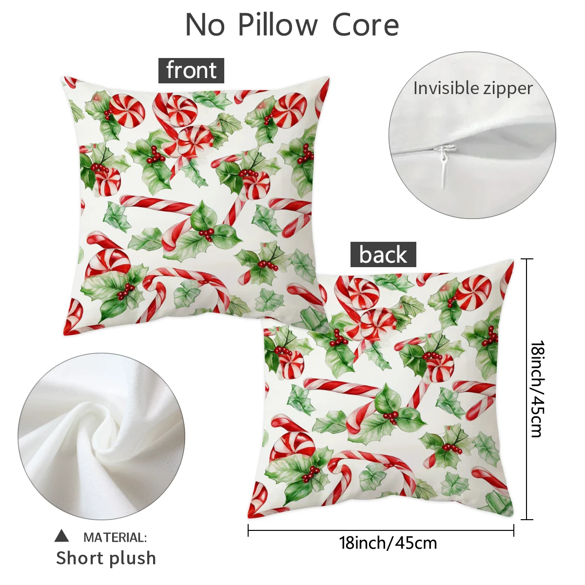 1/2 double-sided Christmas candy pillowcase, 18x18 inch short plush pillowcase. Winter Sleepless Sofa Decoration