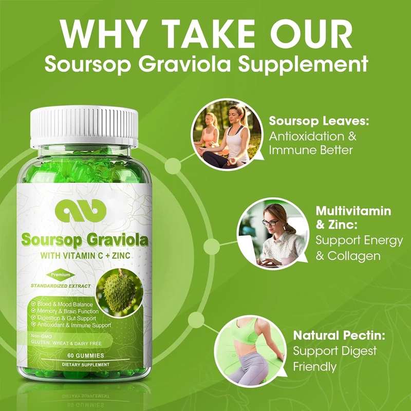 

2000mg natural sour melon Graviola gummy supplement, containing vitamin C and zinc, immune and antioxidant properties,and energy