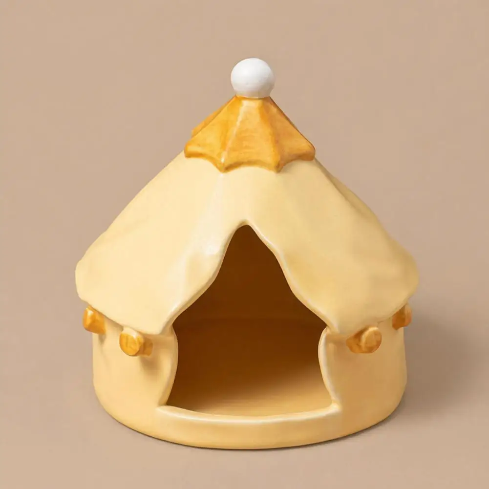 Ceramic Pet Shelter Ceramic Pyramid Tent for Hamsters Triangular Small Hideout Cute Hamster House with Door Window Decor Cream