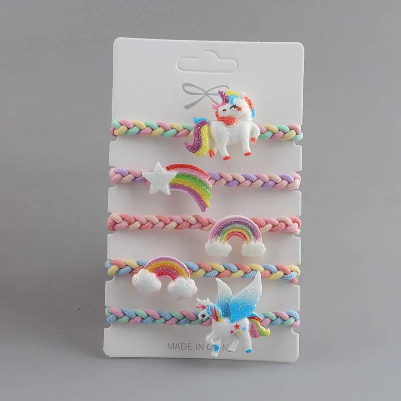 【 5 PCS/Card 】Unicorn Rainbow Hair Loop Headband Set Cartoon Hair Accessories Children\'s Rubber Band Headband Bracelet Dual Use