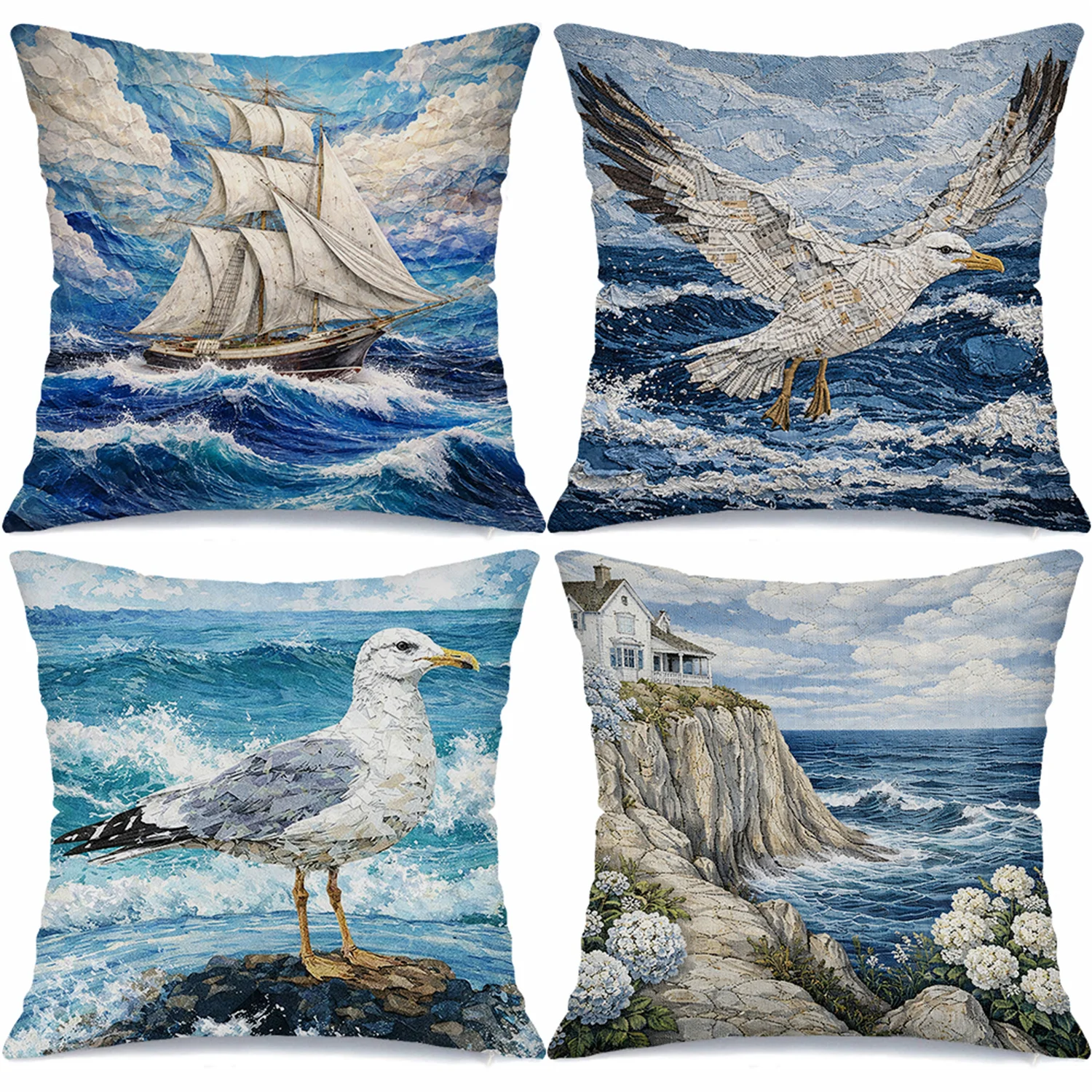 Sailing Theme with Seaside Scenery printing pillow cover Short plush Suitable living rooms bedrooms sofas throw cushion cover