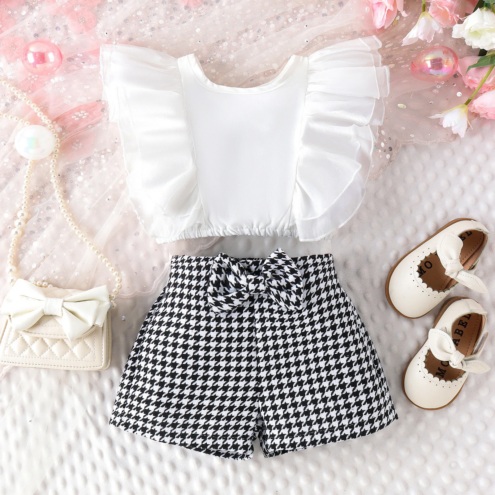 

New Summer Girls Clothes Sets Flying Sleeve Round Neck Solid Crop Top + Houndstooth Bow Shorts Kids Children's Casual Clothing