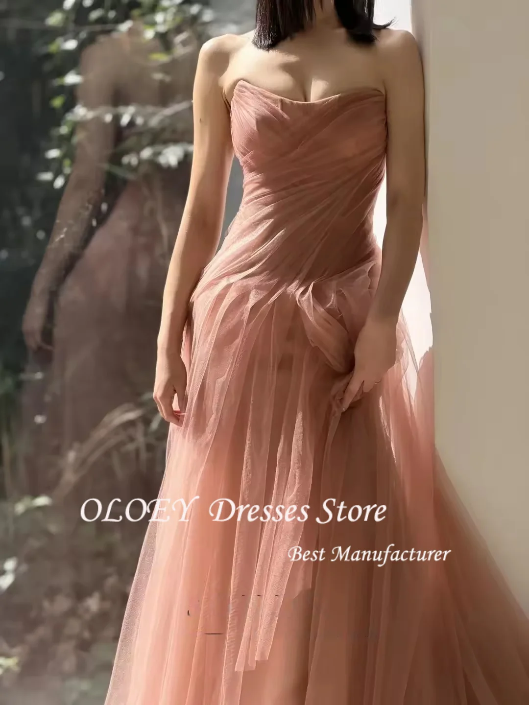 فساتين حفلات الزفاف الكورية الأنيقة من OLOEY كراميل للعروس مخصصة على شكل حرف A بدون حمالات من التل فساتين سهرة ثوب زفاف ذاتي