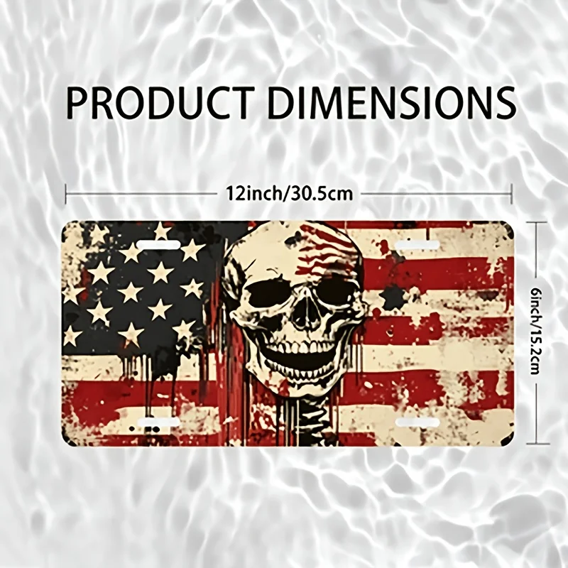 [Activate ]2D Flat White Skull License Plate Frame And Cover, Decorative US Flag Metal Front Plate, Standard License Plate Frame