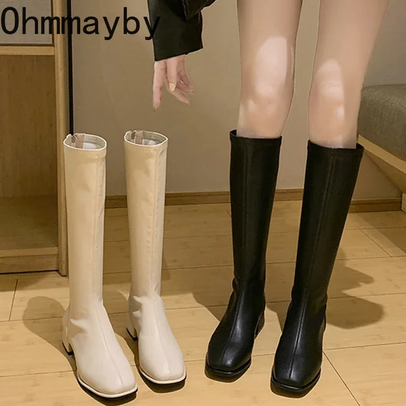 Winter Woman Knee-High Boots Fashion Comfort Soft Leather Square Low Heel Long Booties 2024 Trend Add Fur Women's Boots