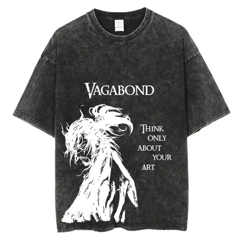 Vagabond Miyamoto Musashi T Shirt Men Vintage Washed Samurai Manga Graphic Tee Harajuku Streetwear Short Sleeve Cotton Top
