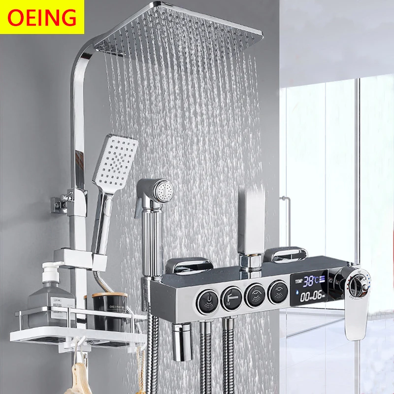 Chrome Display Thermostatic Shower Faucet Set Rainfall Bathtub Tap With Bathroom Shelf Water Flow Produces Electricity