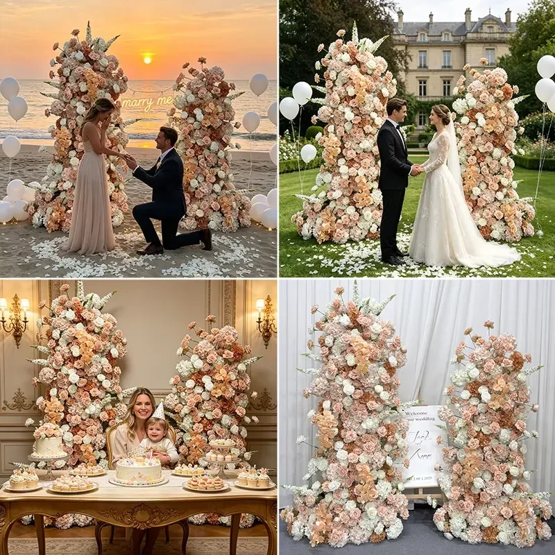 Warm Nude Tone Floral Pillar Pair Artificial Flower Column Set for Outdoor Garden Wedding Ceremony