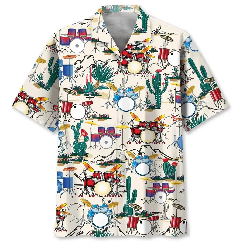 Drum Pattern Hawaiian Shirt Men Summer 3D Printing Musical Instruments Short Sleeve Blouse Outdoor Street Music Lover Shirts