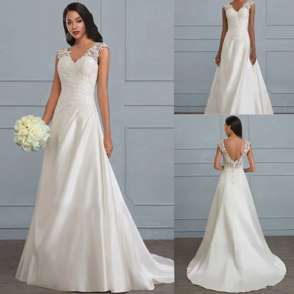 Women Evening Dress Solid-color Lace Patchwork Open Back Wedding dress Long Dress