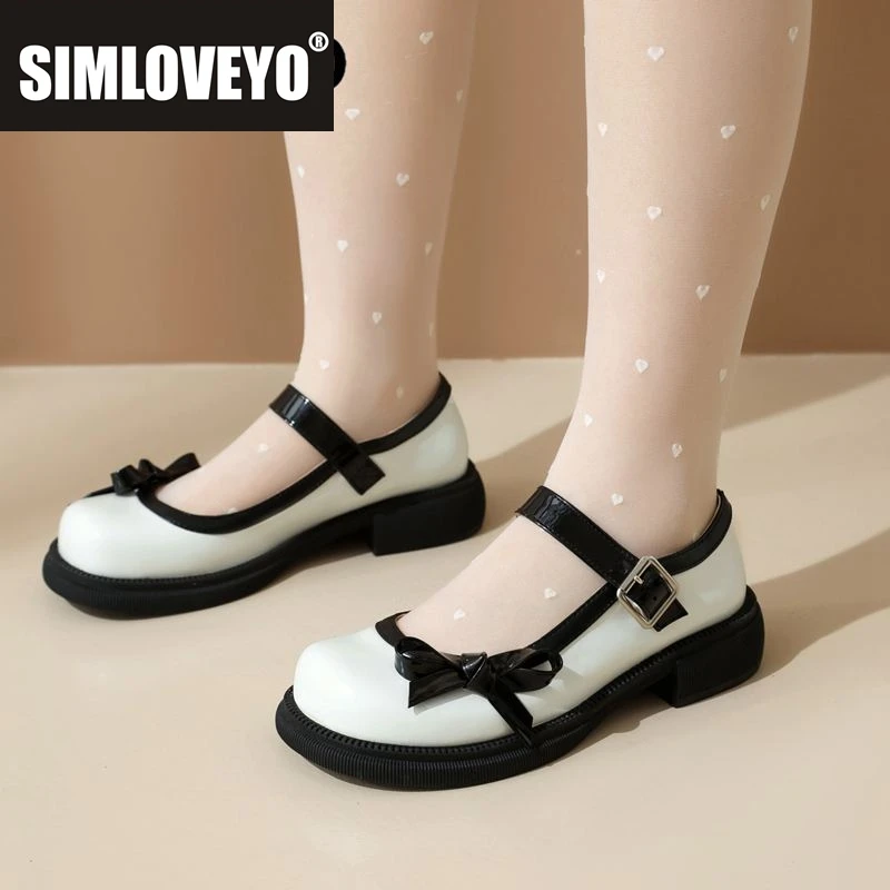 

SIMLOVEYO Mary Janes Туфли-лодочки для девочек с круглым носком и блочным каблуком, пряжкой и ремешком, бантом, большой размер 41, 42, 43, милые повседневные женские мягкие туфли, весна