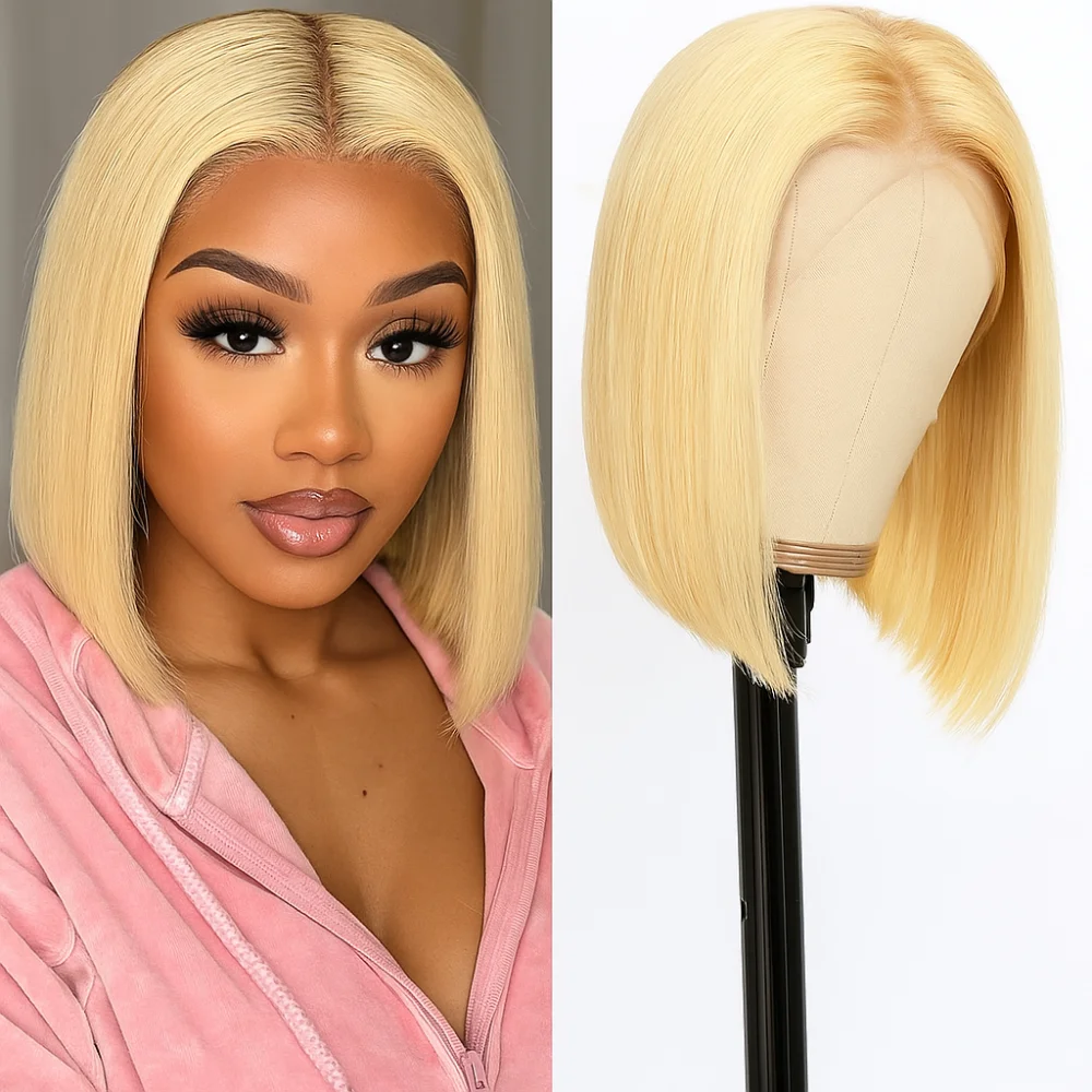 

613 Блондинка 13x4 Парики из натуральных волос на кружеве Короткие прямые парики из натуральных волос Блондинка Медовый блондин Парик из натуральных волос на фронтальной части шнурка для женщин