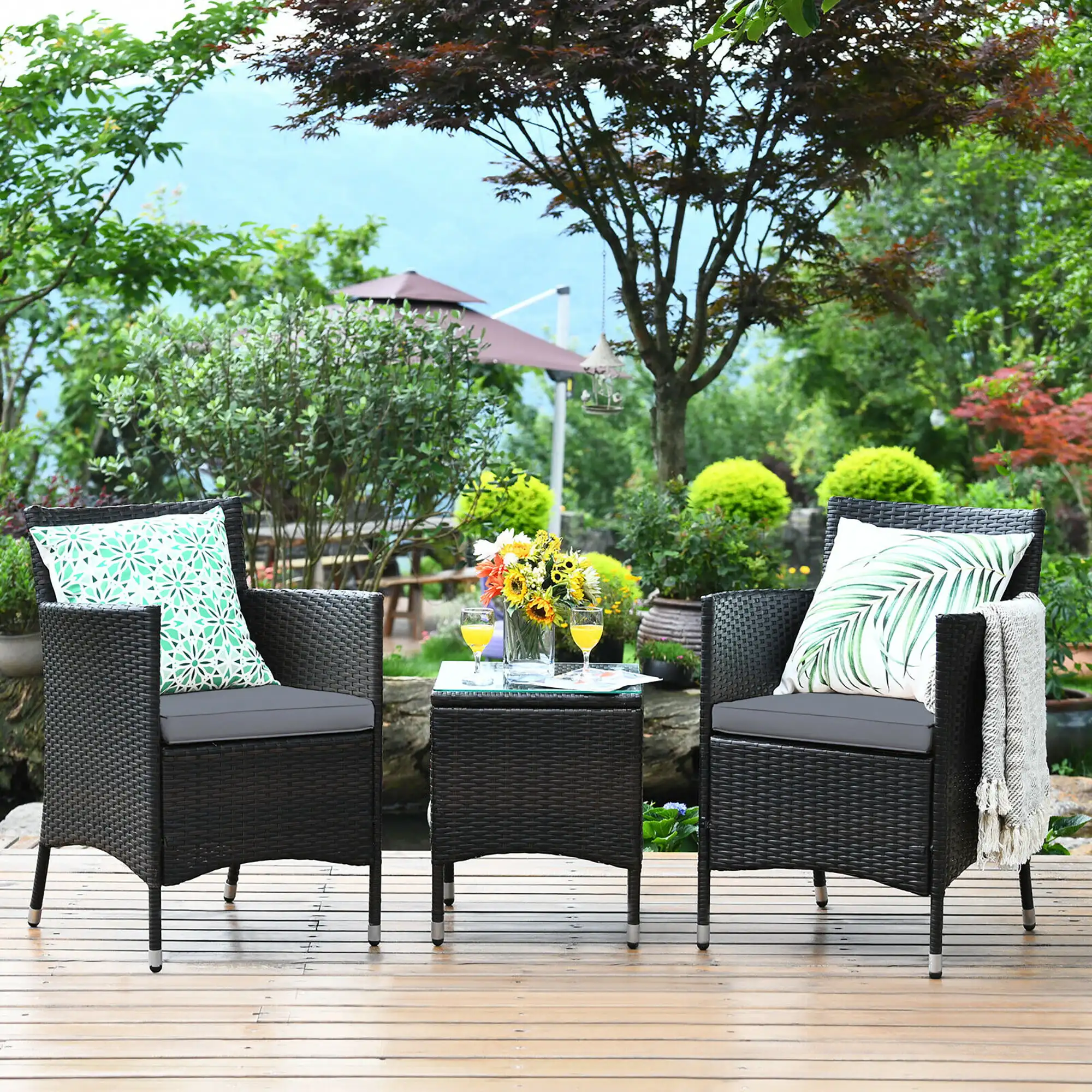 

Outdoor 3 PCS PE Rattan Wicker Furniture Sets Chairs Coffee Table Garden Gray