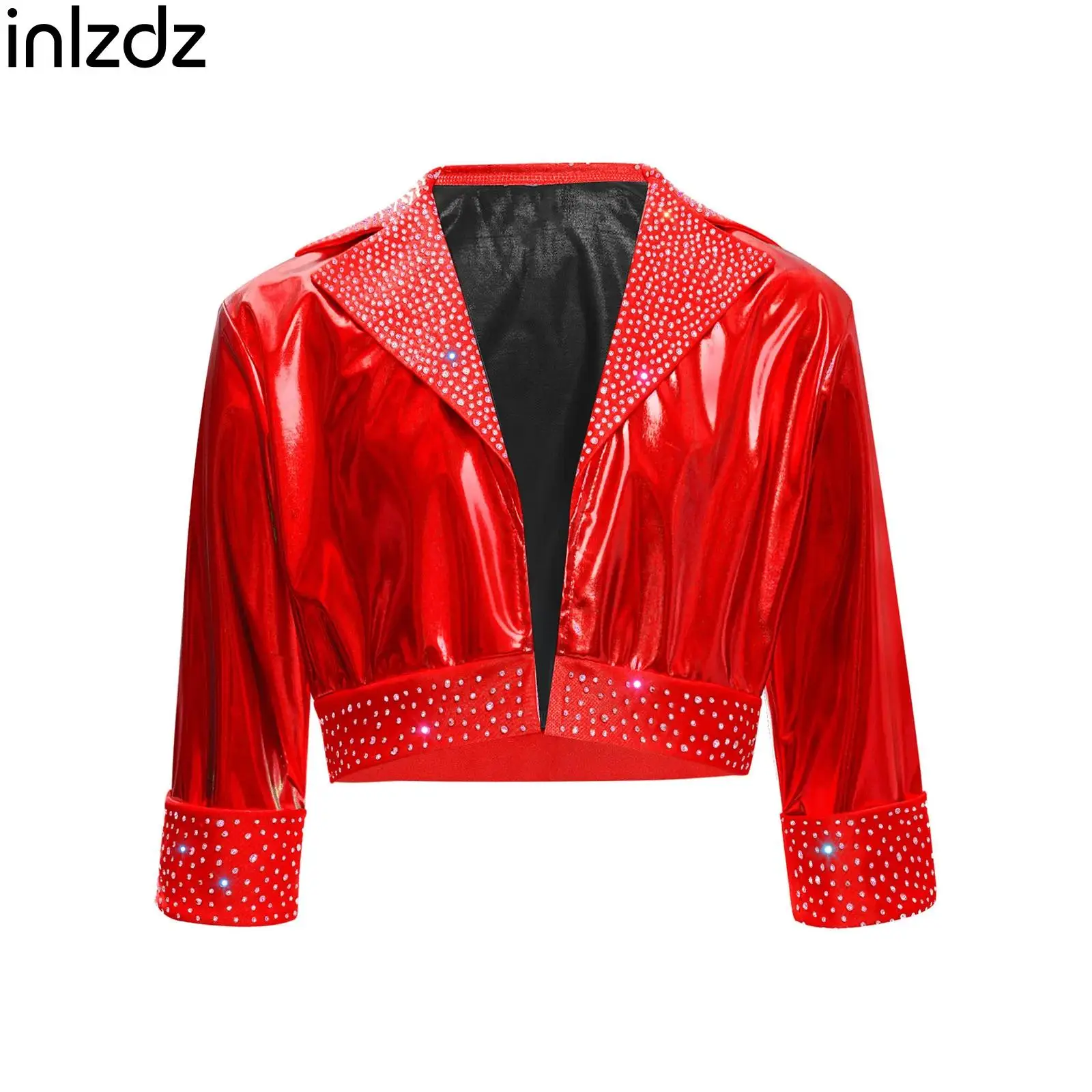 

Hip Hop Tops Outerwear for Girls Jazz Dance Performance Costume Long Sleeve Rhinestones Metallic Jacket for Casual Daily Wear