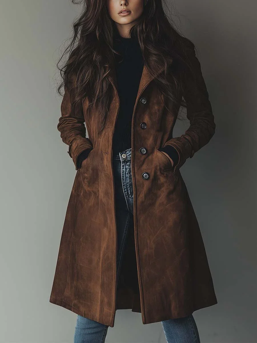 

New Autumn Winter Lady Street Outwears Elegant Suede Long Trench Coat Women Pocket Single Breasted Long Sleeve Brown Windbreaker