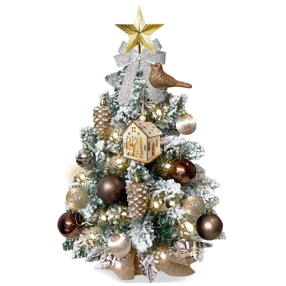 60cm Small Artificial Christmas Tree with Light 2022 Xmas Tabletop Decoration with Flocked Snow 2023 New Year Home Ornament