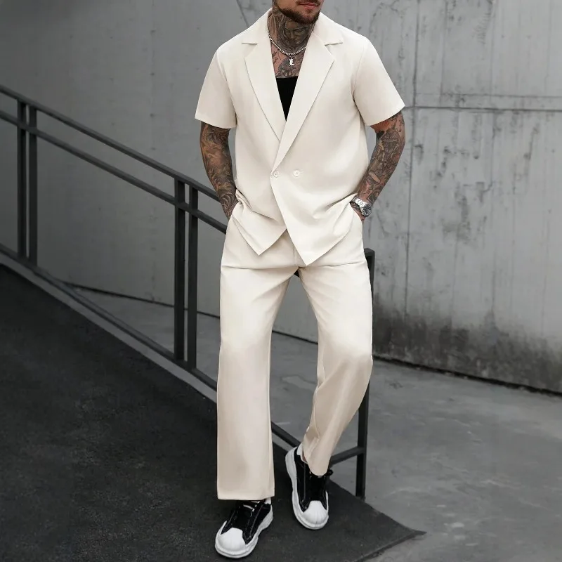 

KIDWHXR Man 2-piece Outfit Summer Single-breasted Short Sleeve Shirt Male Straight-leg Pant Men Thin Breathable Casual Suit Set