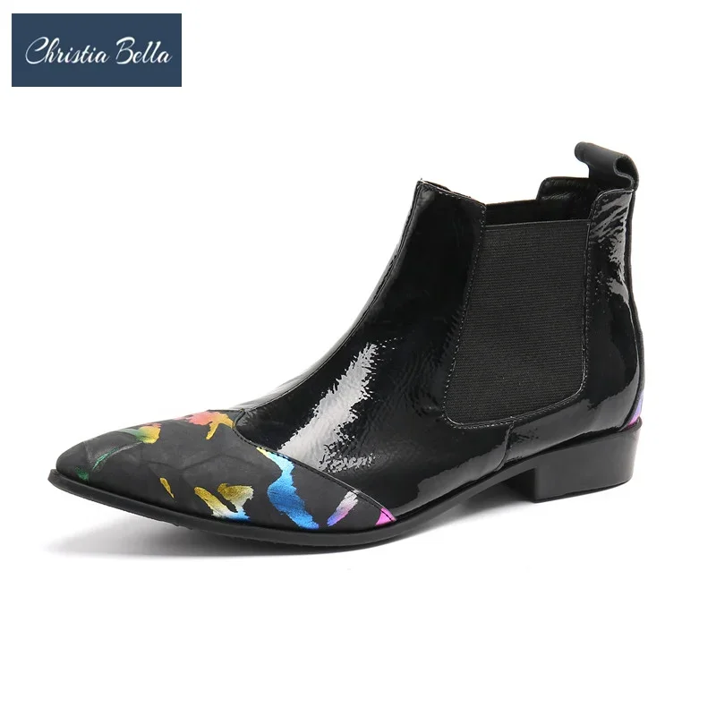 Brand New Men Genuine Leather Ankle Boots Pointed Toe Fashion Print Short Boots Male Business Big Size Runway Party Dress Boots