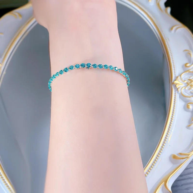 New 100% S925 Silver Paraiba Bracelet 3.0 Round Diamond Bracelet Fashion Summer Women's Fresh Ocean Wedding Jewelry