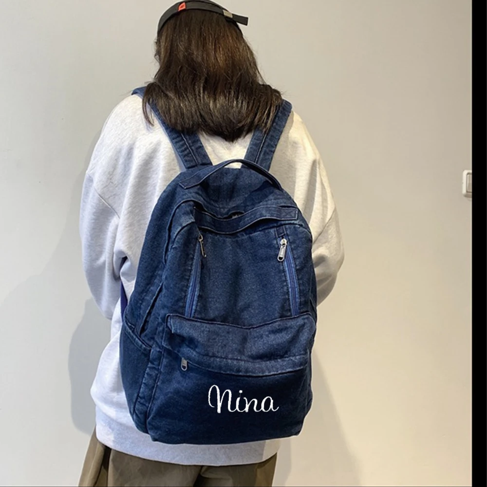 Large Capacity Denim Backpack Personalized Name Boys Girls Denim Canvas Handbag Backpack Travelling Multifunctional Shoulder Bag