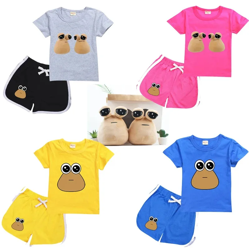 zz04zz12Pou Tee キッズ 面白いアニメ服 夏 ベビーガールズ Tシャツ パンツ セット ティーンエイジボーイ コットン ショートトップス スーツ 子供パジャマ