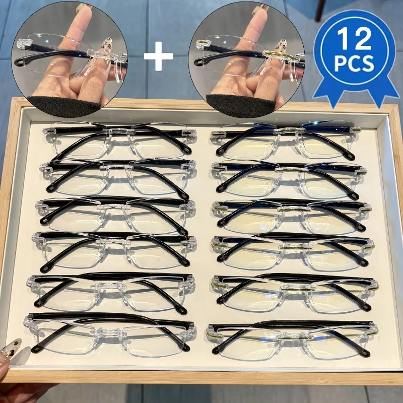 

12pcs Elegant Rimless Reading Glasses for Women & Men Transparent Lightweight Plastic Frames with Golden Accents
