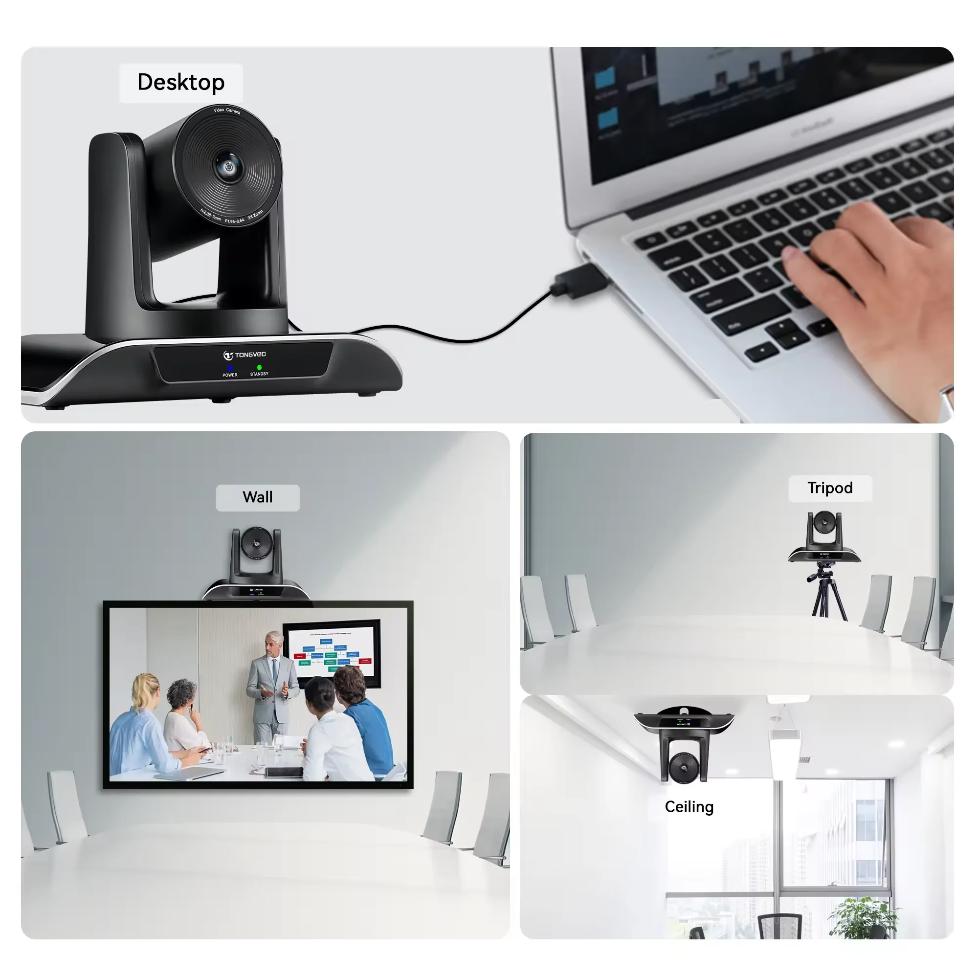 OEM Tongveo VC200 1080p 60fps PTZ Camera 3x Optical Zoom with Wide Angle for Video Conference