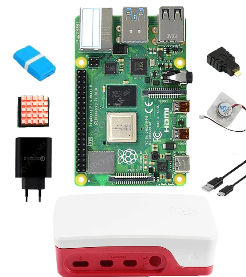 Raspberry Pi 4 modèle B, 1 Go/2 Go/4 Go/8 Go de RAM avec boîtier blanc-rouge