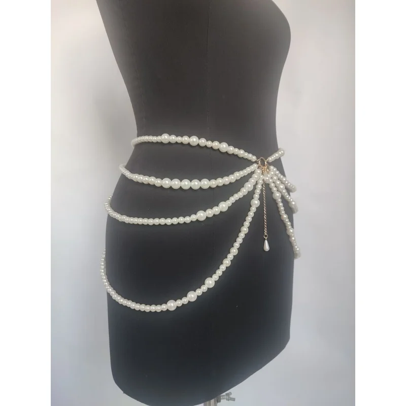 Mehrschichtige Kunstperlen-Taillenkette für Damen, verstellbarer Quasten-Perlen-Körpergürtel, Braut-Hochzeitskleid-Taillengurt, Party-Körperkette – Detail 4