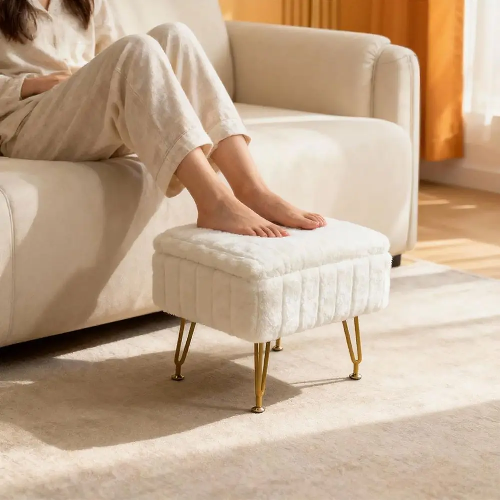 Small Ottoman Stool with Storage & Gold Metal Legs, Under Desk or Couch, White with High-Density Resilient Sponge