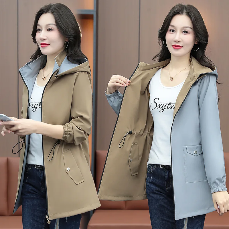 Primavera Autunno Donna Trench double face 2026 Nuovo cappotto coreano con cappuccio medio lungo Giacca a vento femminile Tuta sportiva Gabardina Mujer