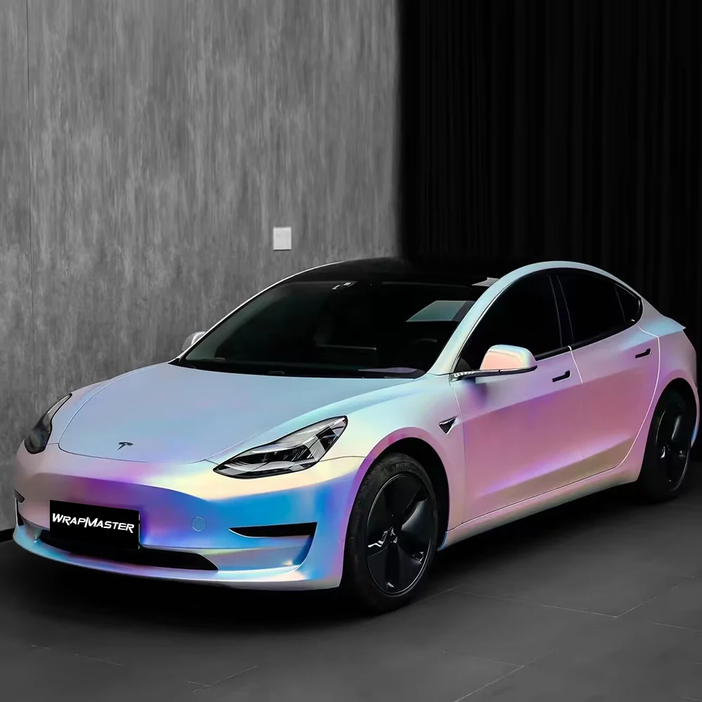 Removable Premium PET Auto Vinyl Car Body Film for Car Wrap Stretchable Easy to Install Bubble‑Free Rainbow Chrome White