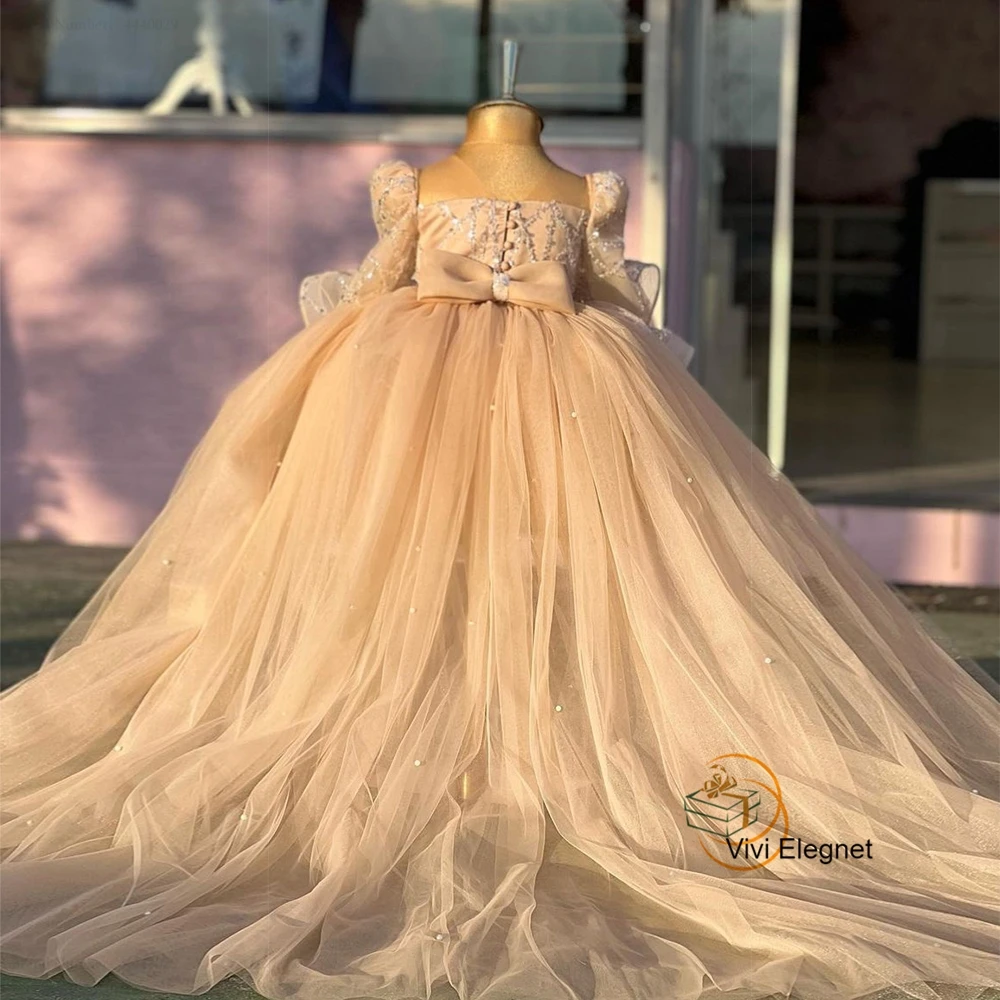 Square Collar Champagne Flower Girl Dresses Sequined Full Sleeve Knee Length Wedding Party Gowns Tulle فساتين اطفال للعيد