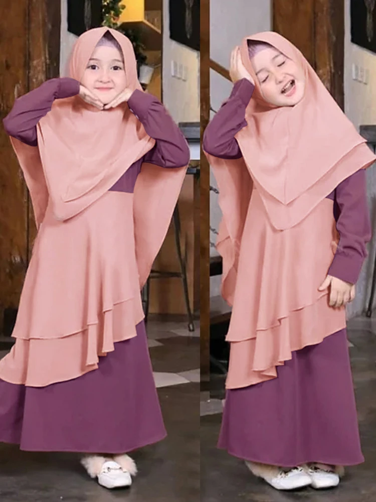 

2Pcs Muslim Ramadan Prayer Dress Abaya Sets Children Girls Eid Khimar Hijab Arab Kids Long Robe Headscarf Kaftan Gown jilbab