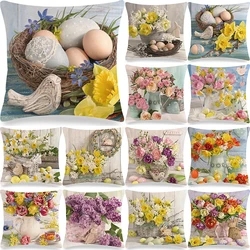 Spring Flowers Cushion Cover 18x18 Inches Linen Pillow Covers  Easter Eggs Printed Throw Pillow Cover Easter Floral Pillowcase