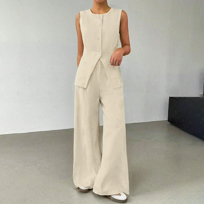 

Linad Summer Office Irregular Single-Breasted Tank Top With High Waist Long Pants 2 Piece Set Casual Cotton Linen Trousers Suits