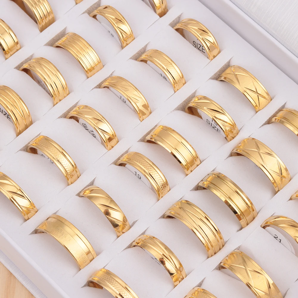 24pcs/lot Fashion Stainless Steel Stripe Gold Color Rings For Men Mix Style Party Gifts Jewelry Wholesale