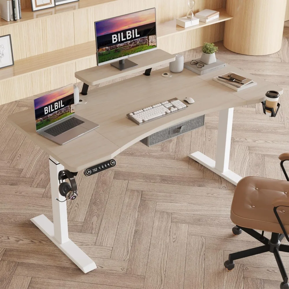 

Dual Motor Electric Standing Desk with Drawer, 63x30 Inches Adjustable Height Sit Stand Up Desk with Storage Shelf, Home