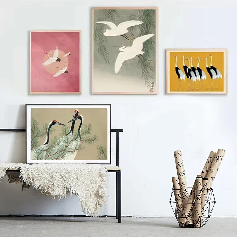 (2D Canvas Painting)  Red Crane Hokusai Eclectic Gallery Canvas Painting Wall Art Prints Blue Heron Nordic Posters Prints Coa