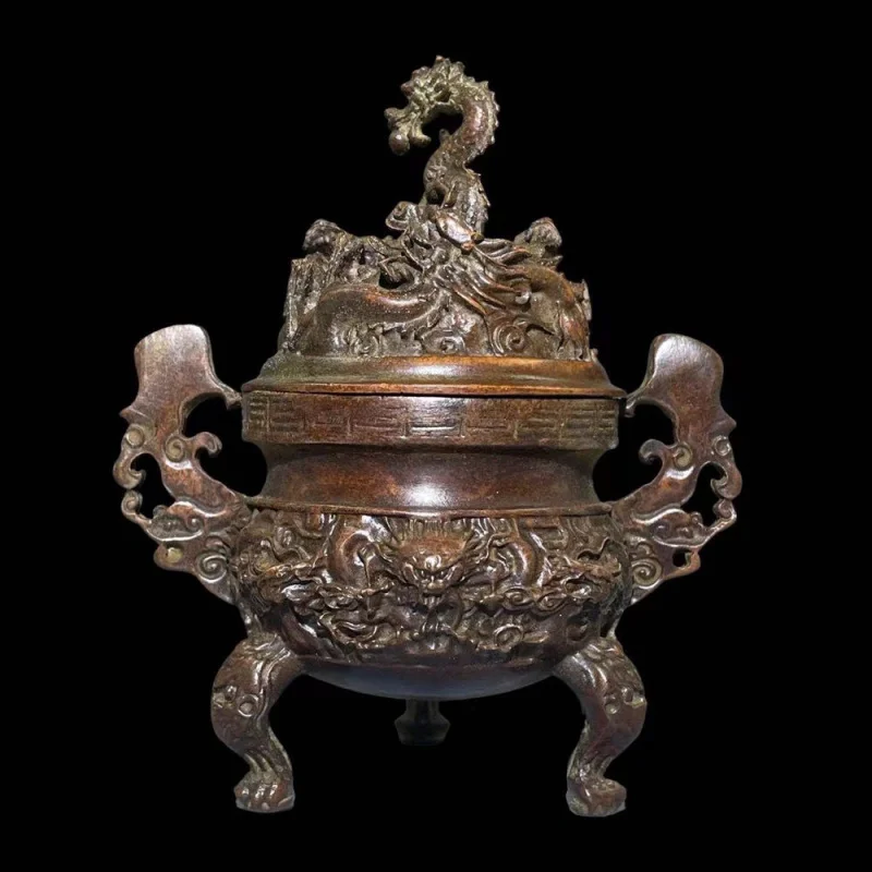 Copper Chinese Jiulong Tripod Alchemy Furnace Incense Burner Tower Incense Burner Home Tea Ceremony Tea Art Decoration Antique J