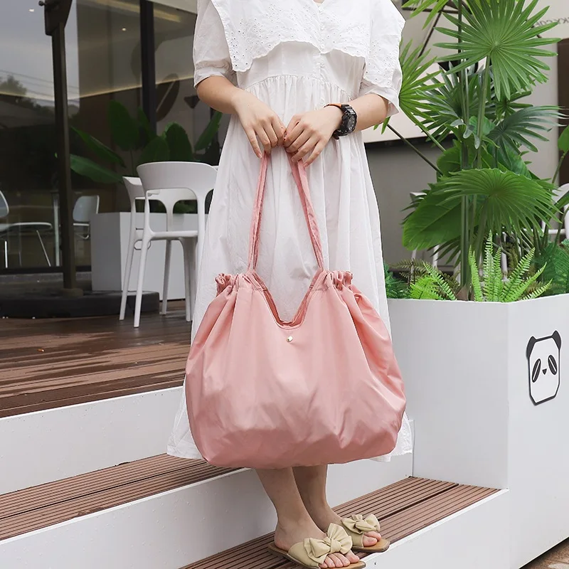 2024 New Solid Color Large Capacity Folding Shopping Bag Environmental Protection Portable Supermarket Fashion Shopping Bag