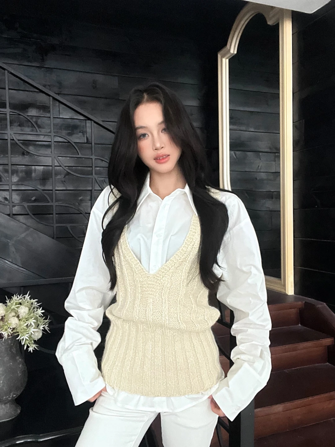 

Korean Style Women's Long Sleeve Shirt Knitted Vest Set Casual Winter Outfit Two Piece Set Comfortable Commute Fashion