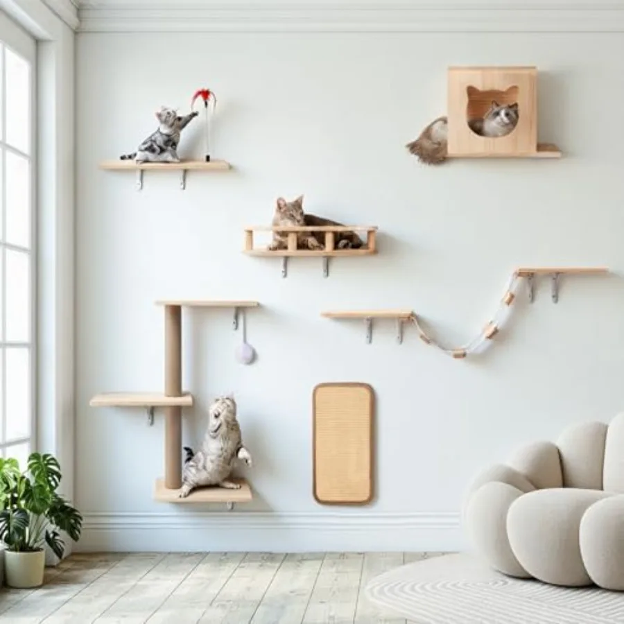 

Cat Wall Shelves for indoor climbing made of engineered wood in natural brown includes house bed bridge tree steps and scratche