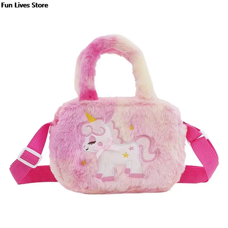 Bolso cruzado de felpa con diseño de unicornio, bolsa de hombro con diseño de dibujos animados, con cinturón de felpa de arcoíris, con bordado de animales, de piel encantadora