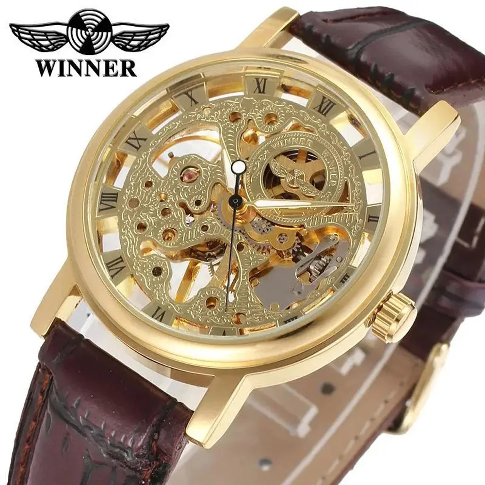 Fashion Winner Top Brand Transparent Luxury Gold Case Casual Design Brown Leather Strap Men Student Watch Mechanical Skeleton